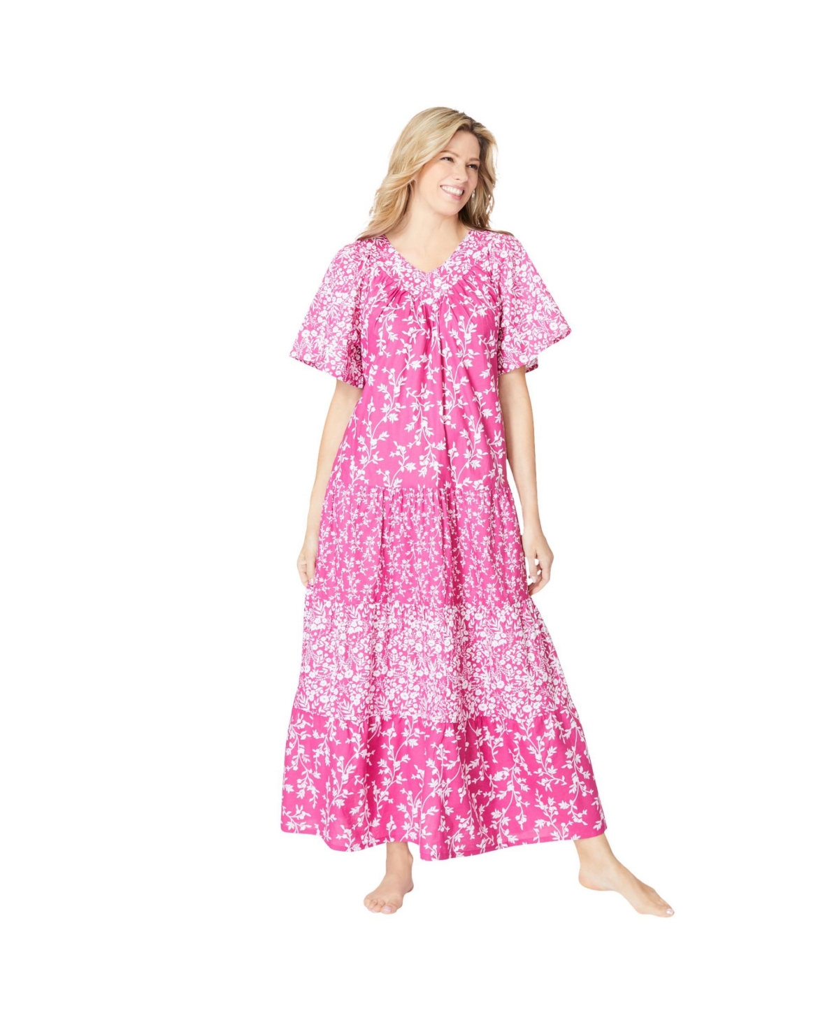 Plus Size Long Tiered Print Lounger - Bright berry floral