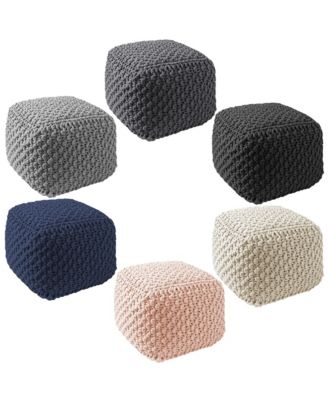 Square Pouf Ottoman, Light Gray - 18.5" W x 18.5" D x 14.5" H Cotton Knit Foot Stool - Boho Floor Pouffe for Living Room