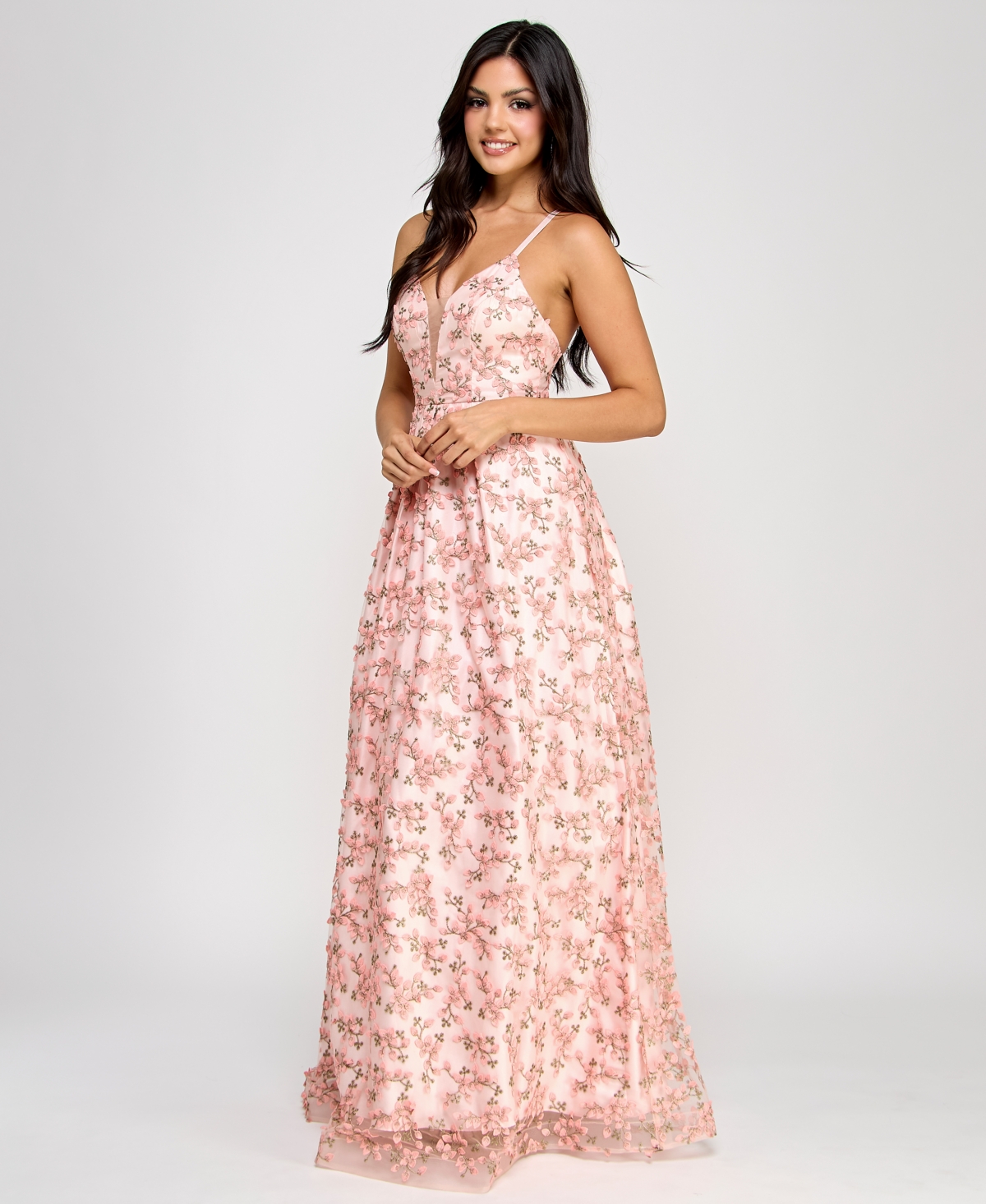 BCX JUNIORS' 3D FLORAL DEEP V-NECK OPEN-BACK GOWN, CREATED FOR MACY'S 
