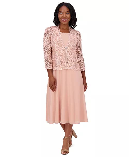 women's soutache jacket & jewel-neck midi dress