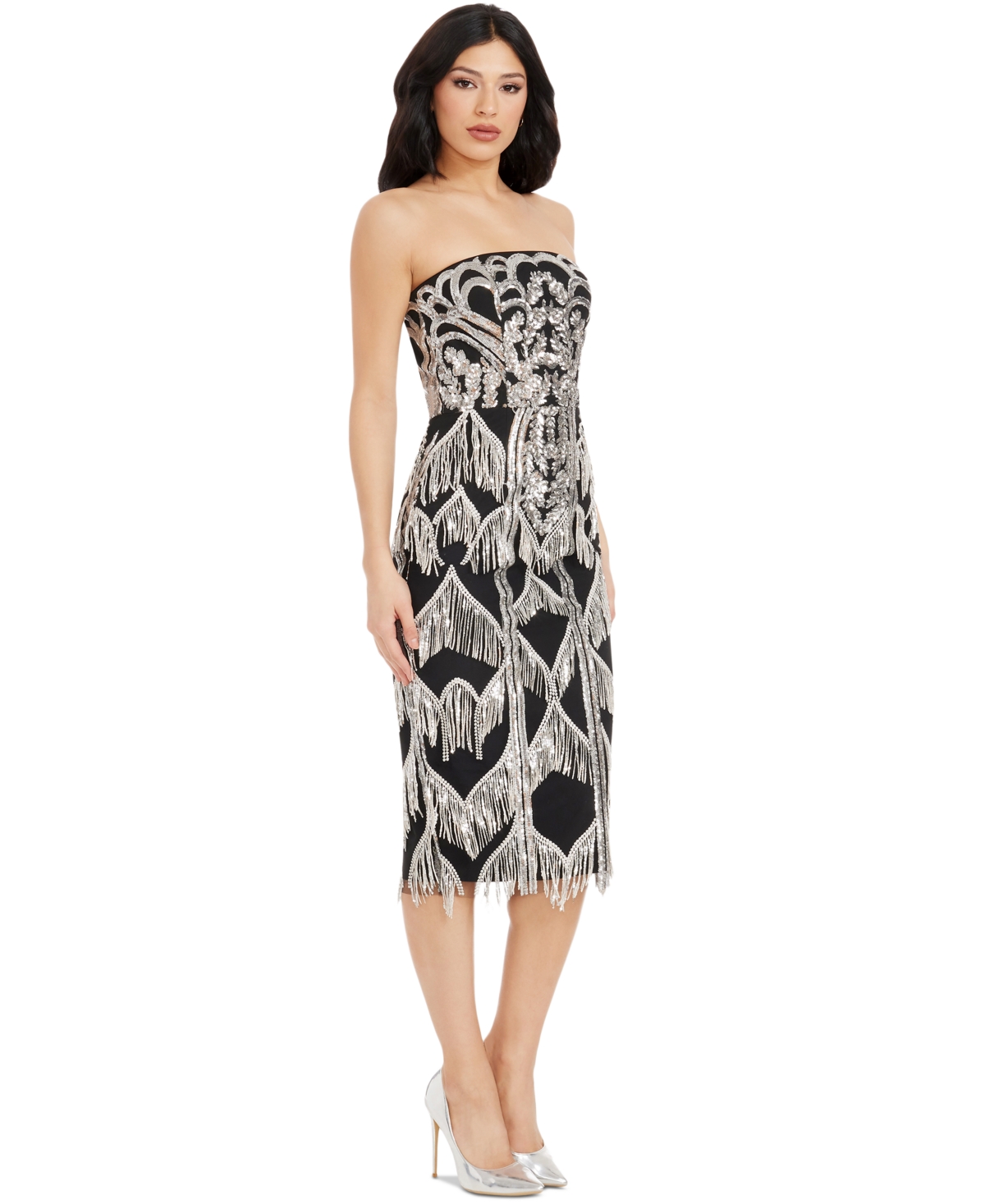 Shop Dress The Population Women's Viviana Sequined Fringe Dress In Silver-black