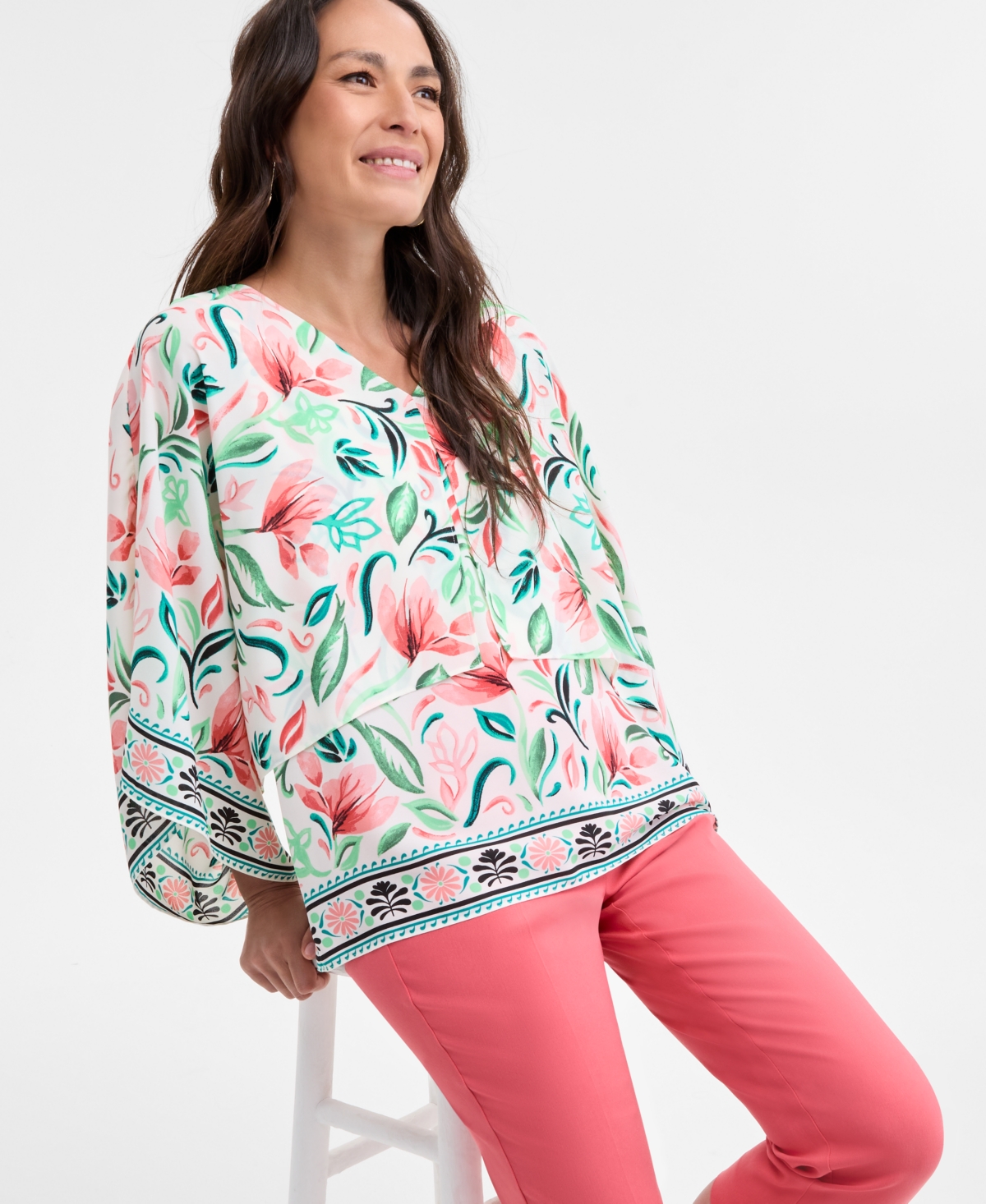 Shop Jm Collection Women's V-neck Tiered Poncho Top, Exclusively At Macy's In Floral Combo