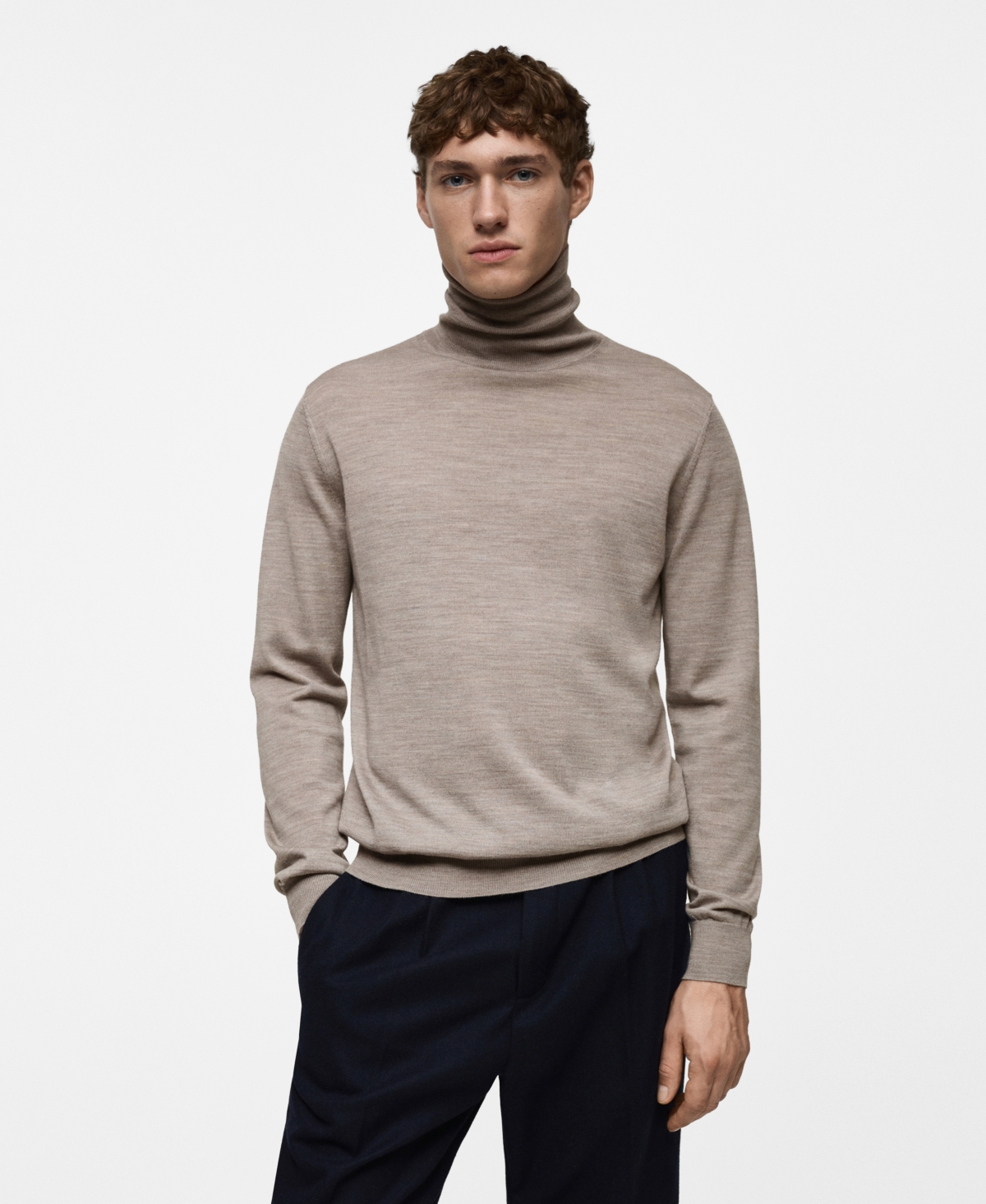 Men's Fine-Knit Wool Turtleneck Sweater - Medium Brown