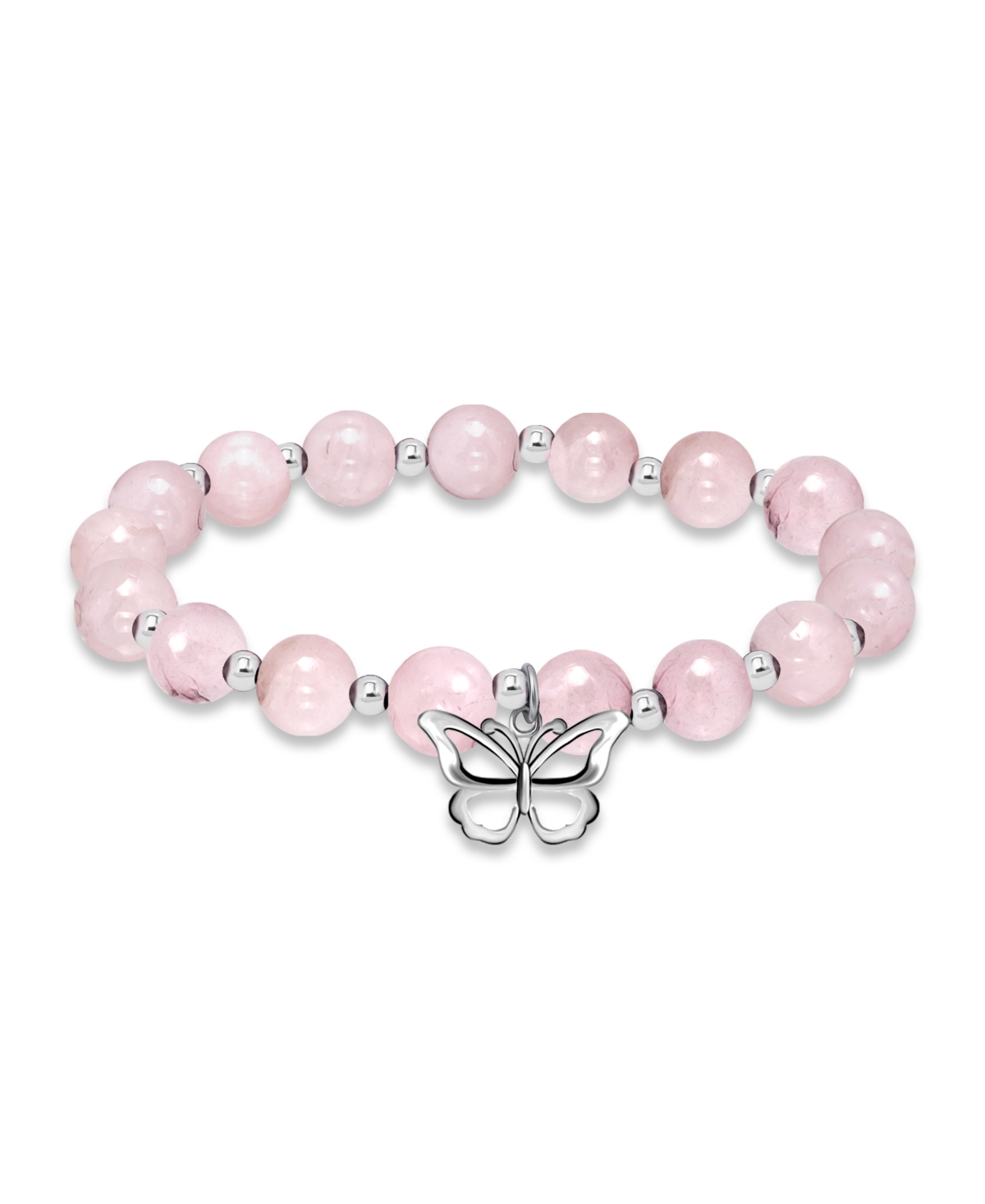 Macy's Silver Plated Beaded Butterfly Charm Stretch Bracelet In Rose Quartz,silver