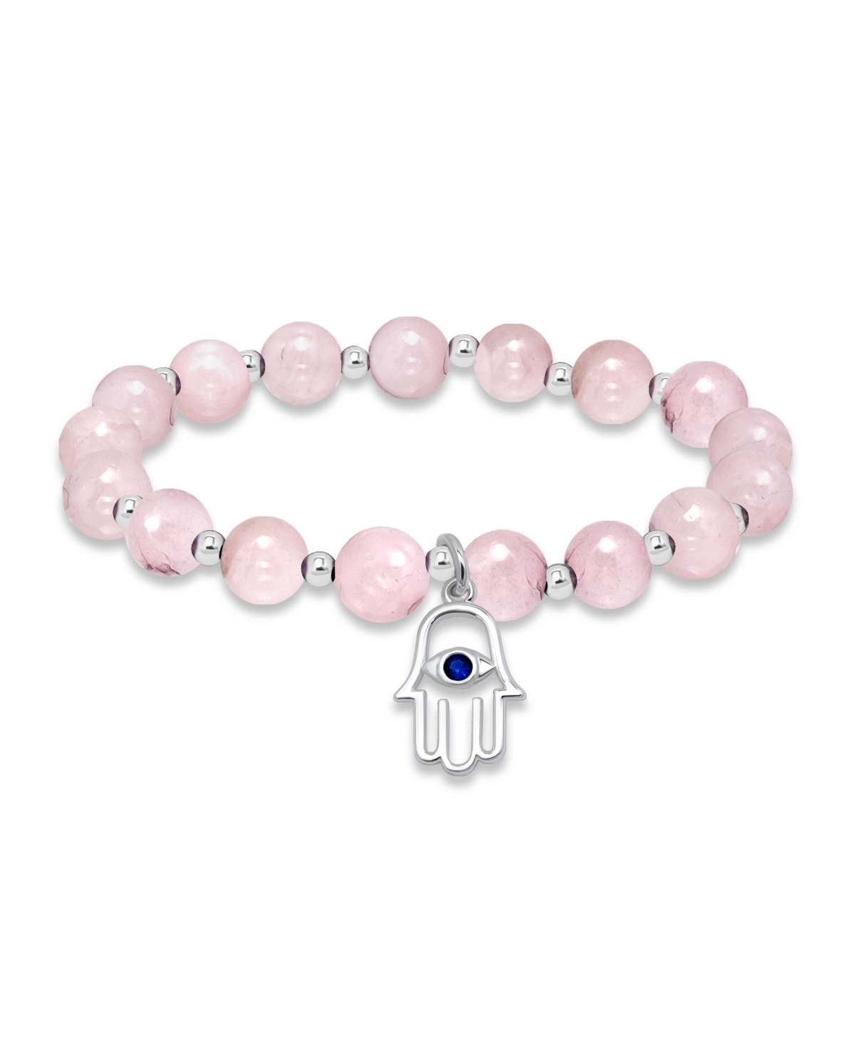 Macy's Silver Plated Beaded Hamsa Hand Charm Stretch Bracelet In Rose Quartz,silver