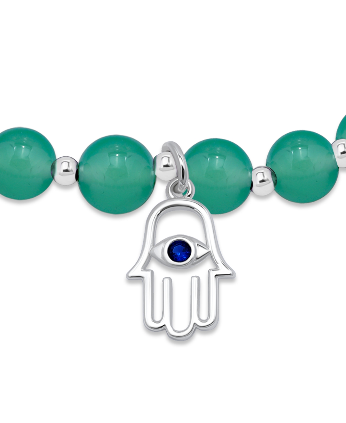 Macy's Silver Plated Beaded Hamsa Hand Charm Stretch Bracelet In Green Agate,silver