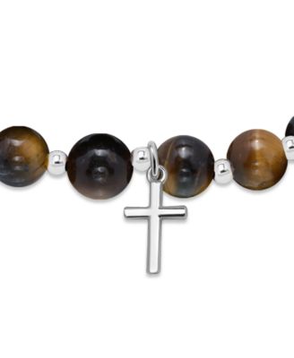 Silver-Plated Beaded Cross Charm Stretch Bracelet