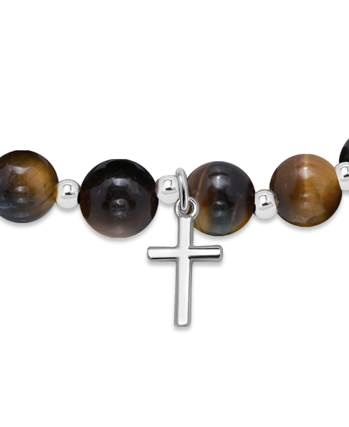 Shop Macy's Silver-plated Beaded Cross Charm Stretch Bracelet In Tigers Eye,silver