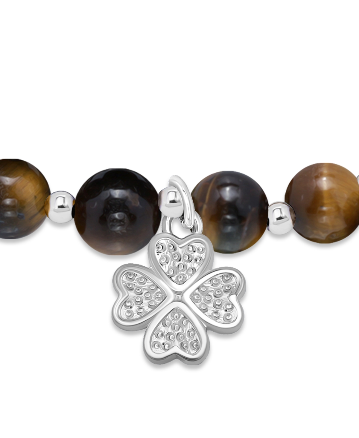 Shop Macy's Silver-plated Beaded Clover Charm Stretch Bracelet In Tigers Eye,silver