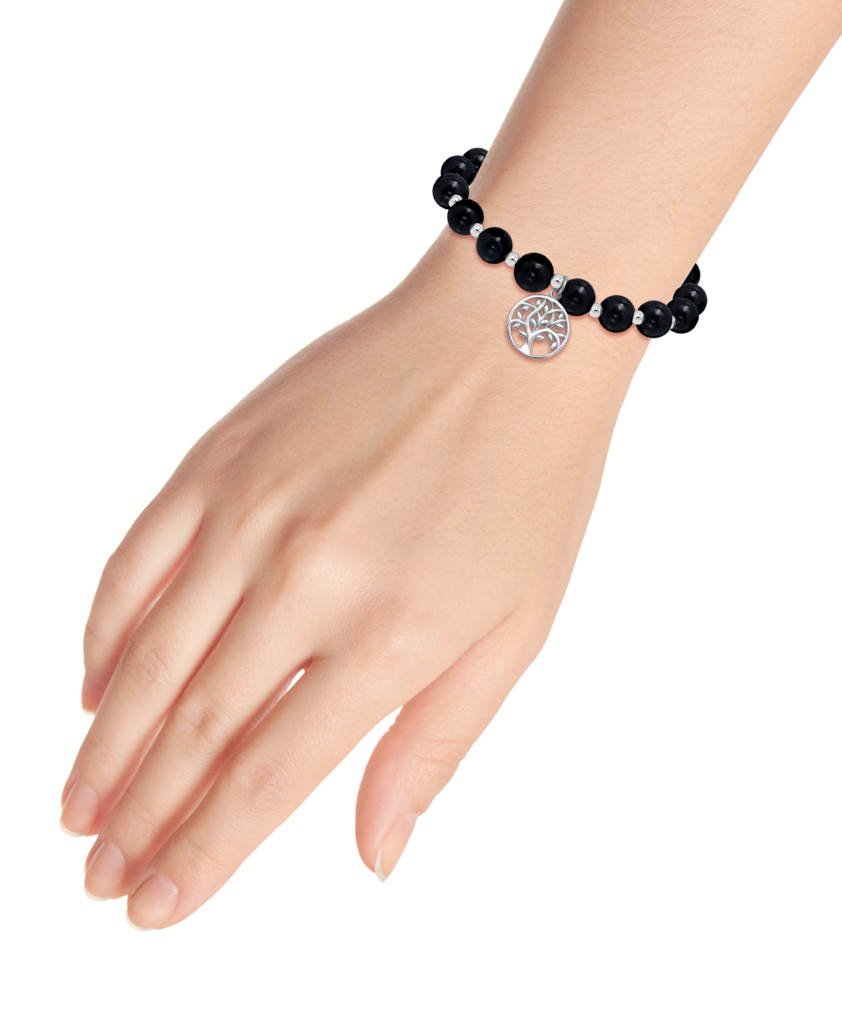 MACY'S MACY'S SILVER-PLATED BEADED TREE OF LIFE CHARM STRETCH BRACELET 