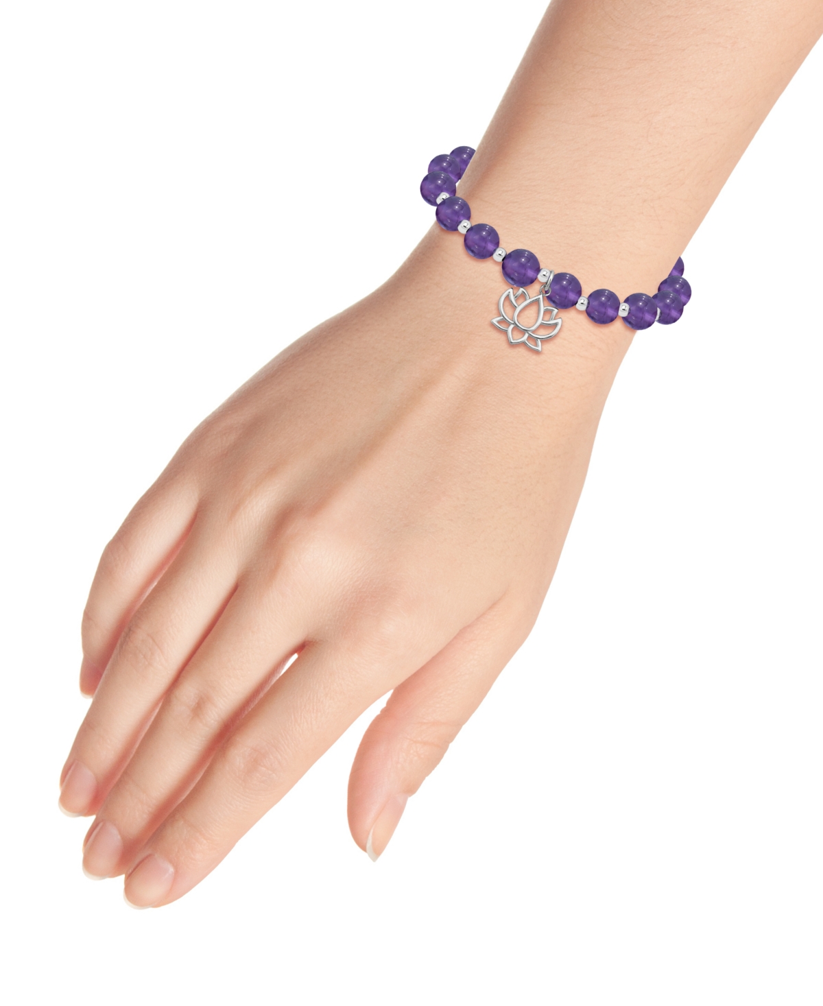 Macy's Silver Plated Beaded Lotus Charm Stretch Bracelet In Amethyst,silver