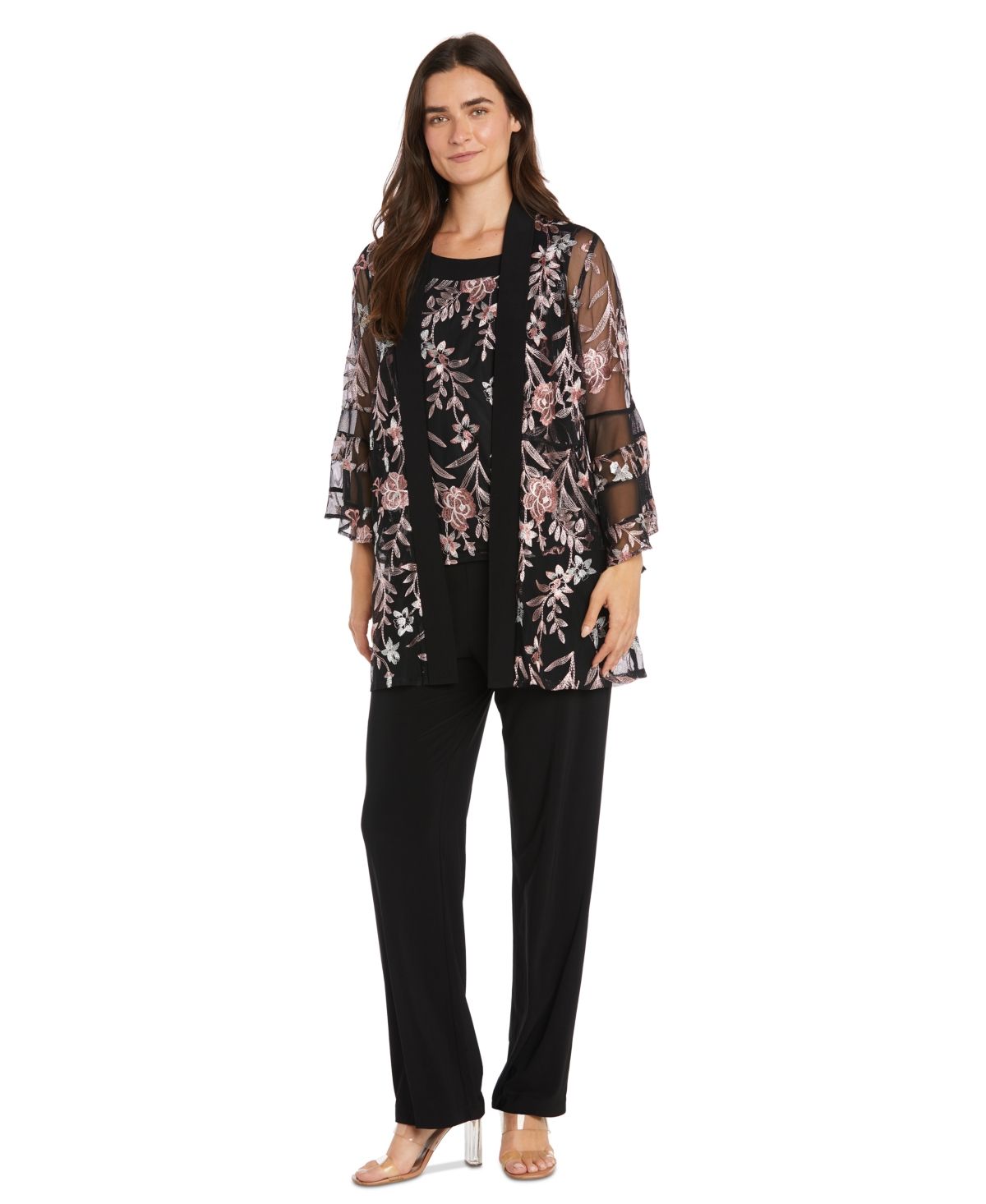 Women's 2-Pc. Embroidered Illusion-Sleeve Top & Pants Set - Rose/Black