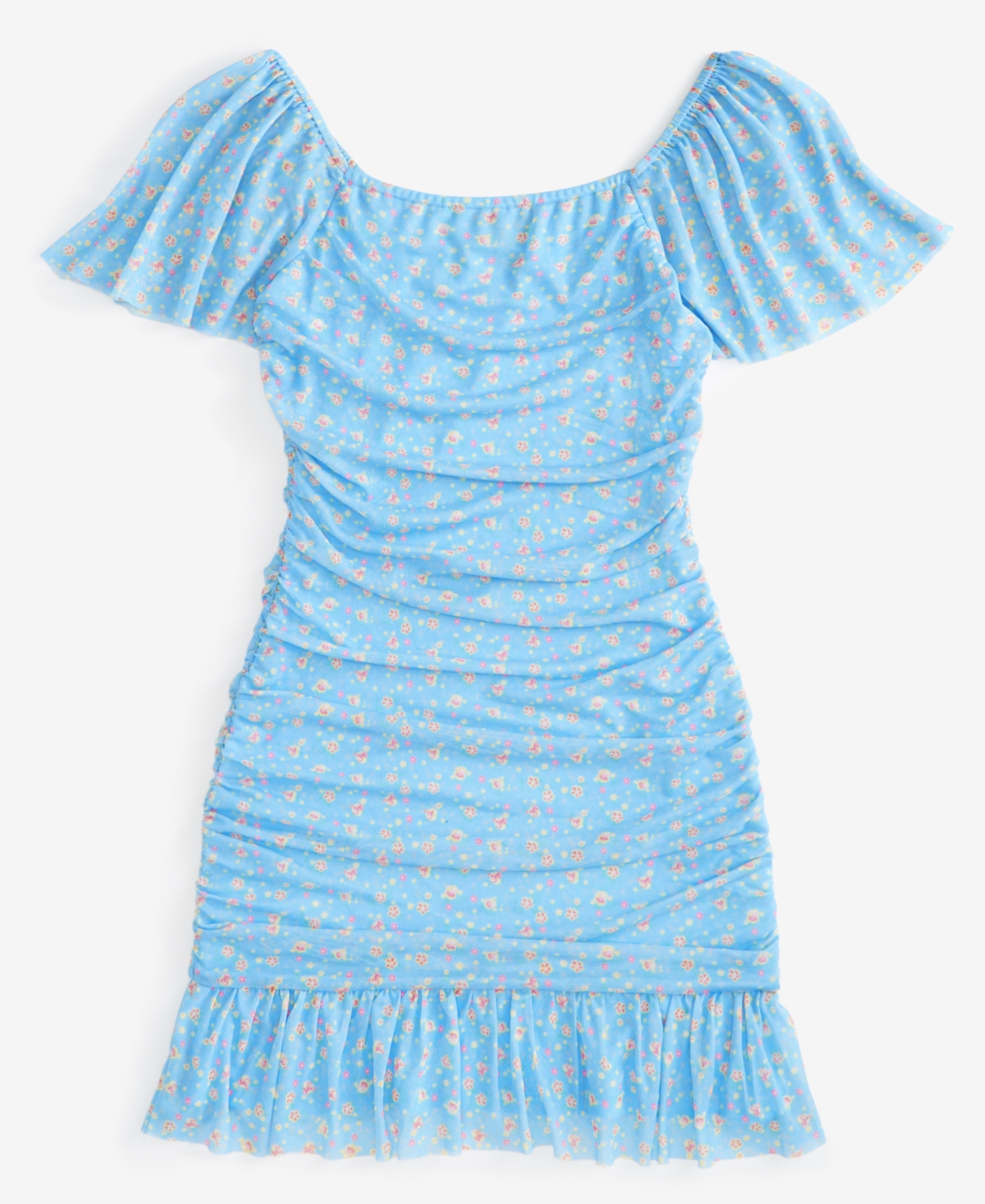 With Jules Big Girls Ruched Flutter-sleeve Mesh Dress In Open Blue