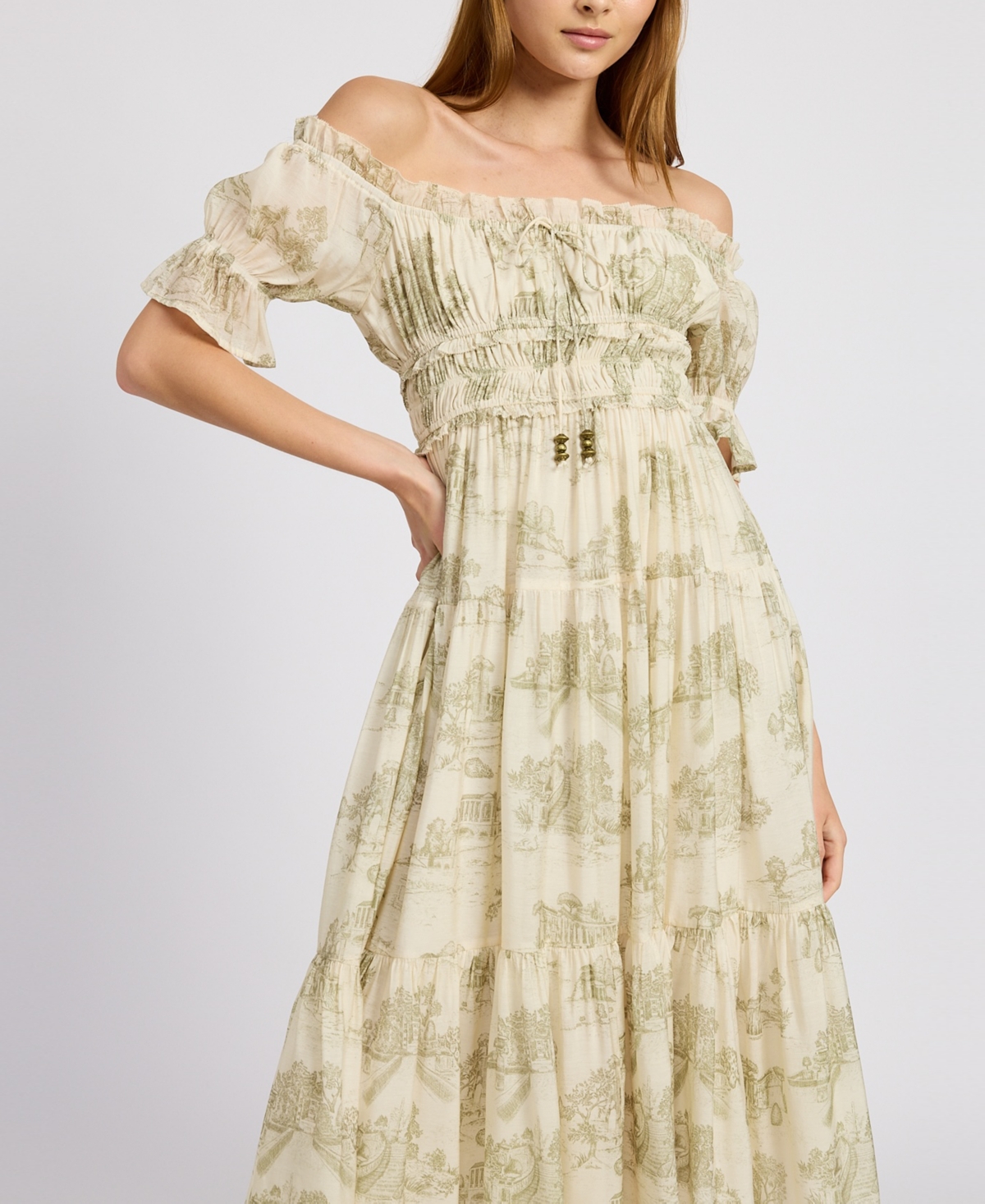 En Saison Leighton Toile Print Off The Shoulder Midi Dress In Cream Olive