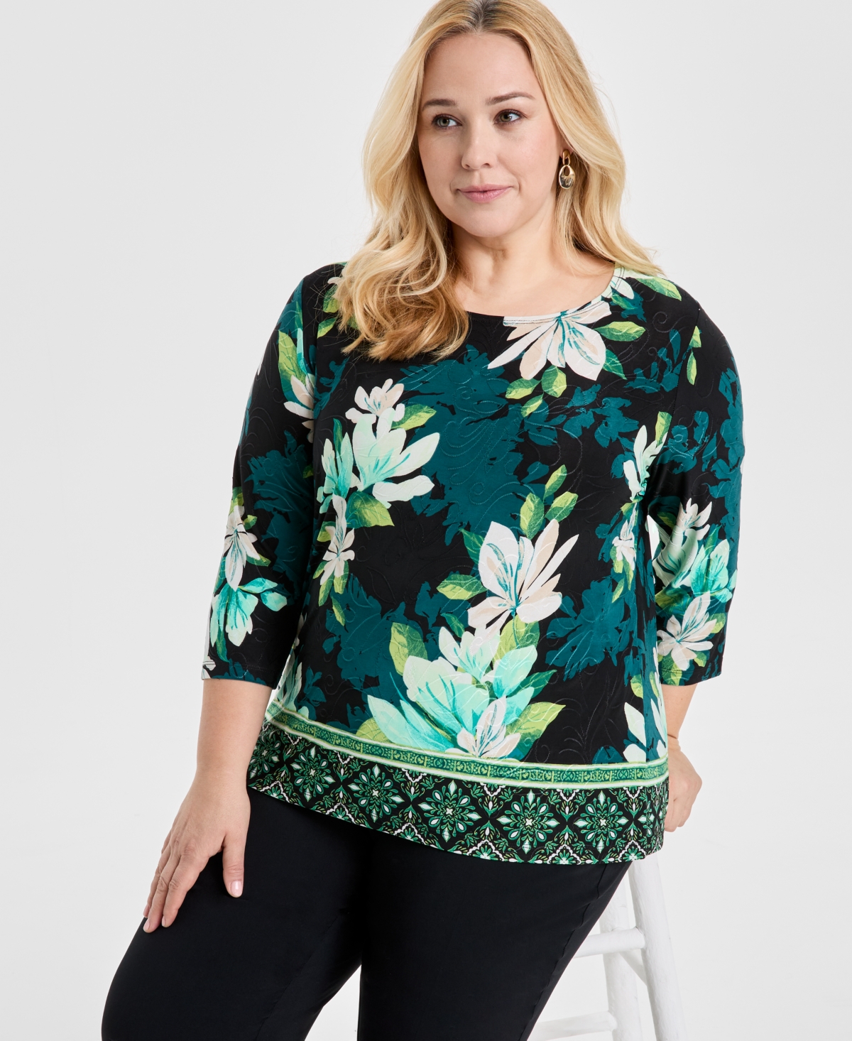 JM COLLECTION PLUS SIZE JACQUARD PRINTED 3/4-SLEEVE TOP, EXCLUSIVELY AT MACY'S 