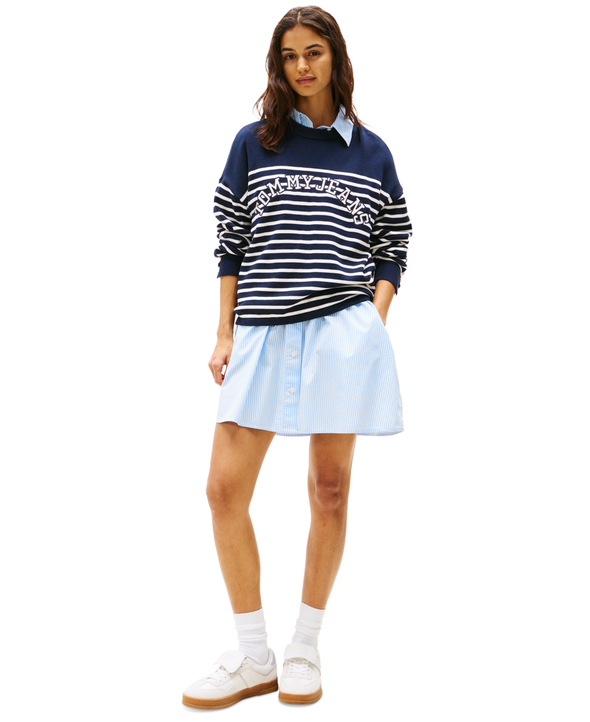 Tommy Jeans Women's Striped Cotton Varsity Sweater In Dark Night Navy