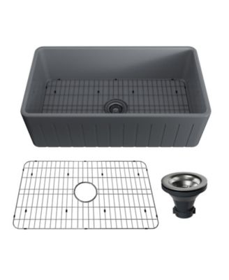 33inch L x 18inch W Single Bowl Fireclay Farmhouse Kitchen Sink with Sink Grid