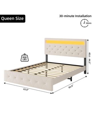 Platform Bed with USB Port and LED Light Headboard Wood Slat Support Bed Frame