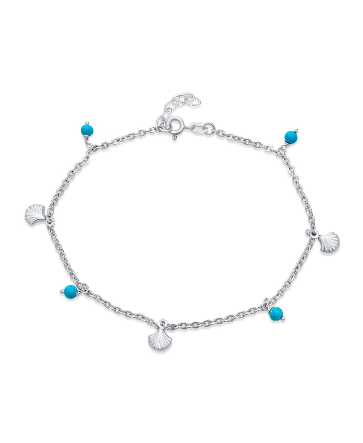 Nautical Charm Anklet Ankle Bracelet with Synthetic Turquoise Clam Seashell Sterling Silver - Multicolor