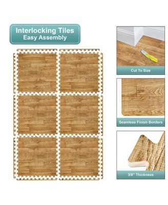 3/8-Inch Thick 96 Sq. Ft. Wood Grain Floor Foam EVA Interlocking Mats Tiles w/ Borders - for Home, Playroom, Basement, Trade Show