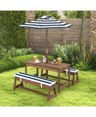 Kids Picnic Table and Bench Set with Cushions and Height Adjustable Umbrella