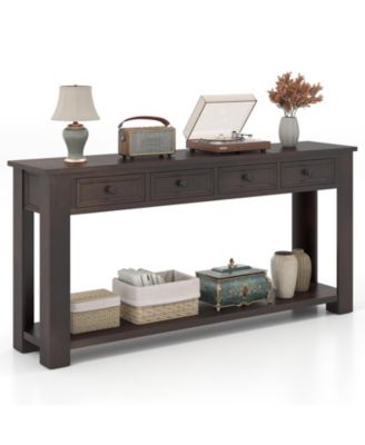 63 Inches Farmhouse Entryway Table with 4 Storage Drawers and Open Shelf