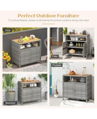 Rattan Storage Cabinet with Acacia Wood Countertop for Poolside Deck and Patio