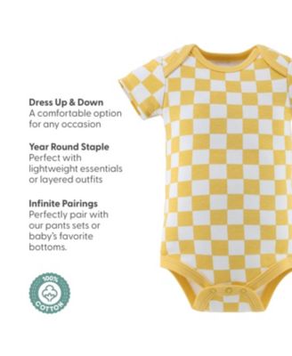 Baby Girls Short Sleeve Cotton Bodysuits Girls, Neutral Check