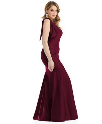 Women's Cascading Bow One-Shoulder Stretch Satin Mermaid Dress with Slight Train