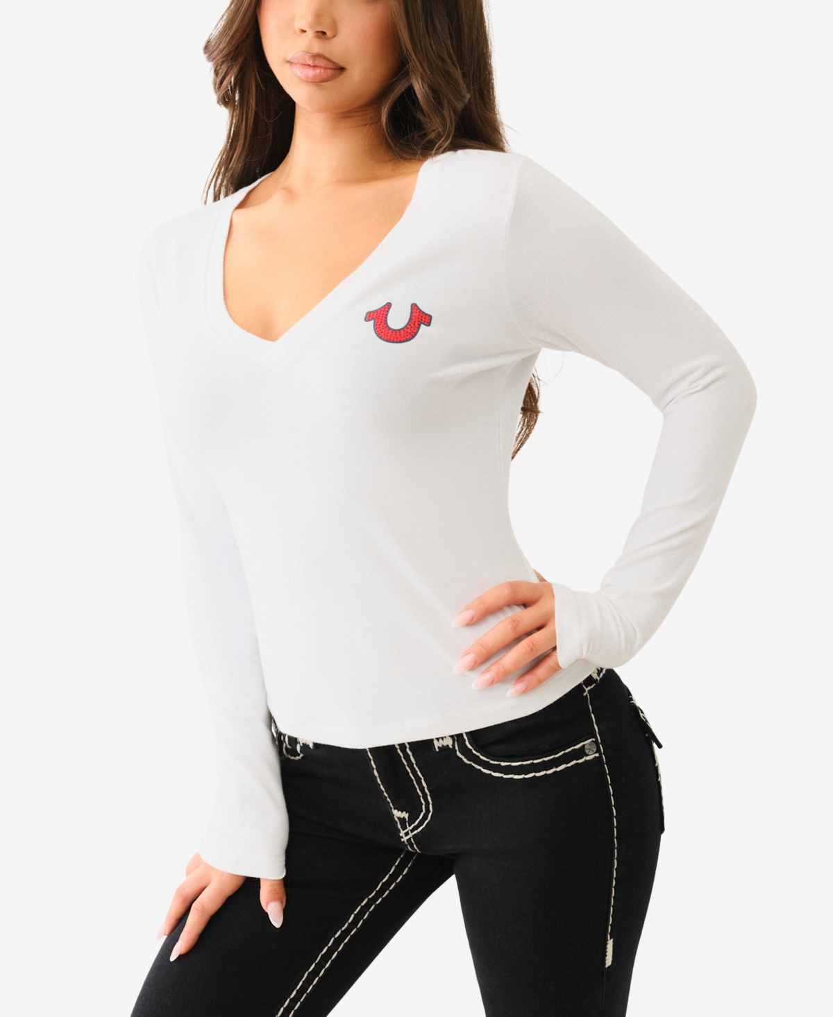 Shop True Religion Women's Crystal Buddha V Neck Top In Optic White