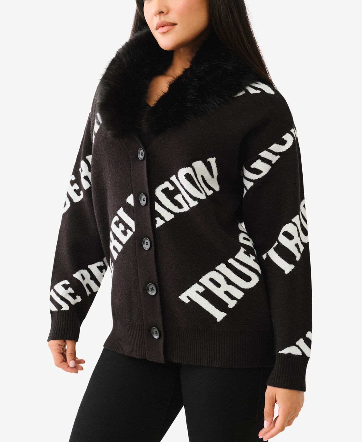 TRUE RELIGION WOMEN'S FAUX FUR COLLAR CARDIGAN SWEATER 