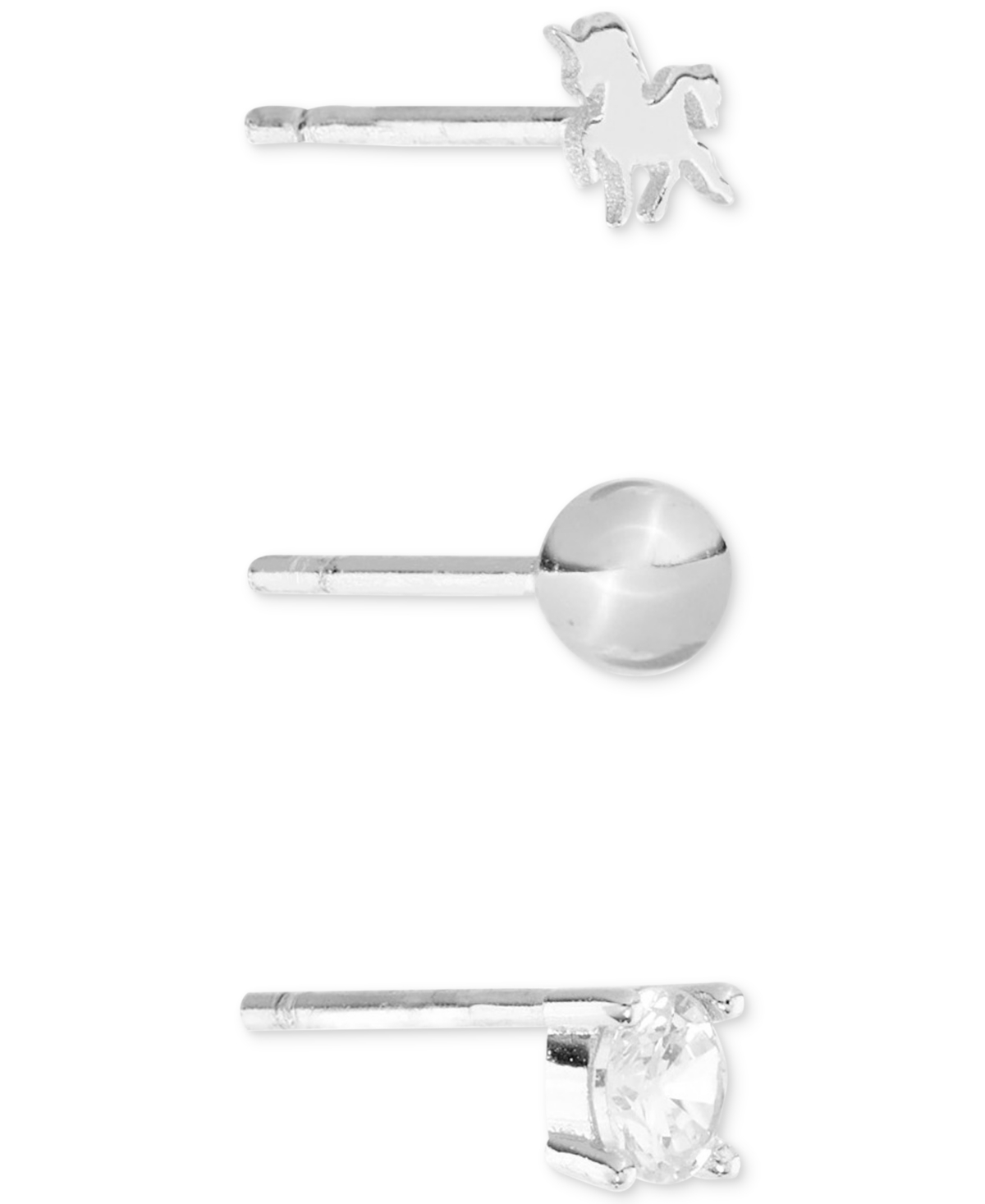 Macy's Cubic Zirconia, Bead & Horse 3-pc. Set Stud Earrings (7/8 Ct. T.w.) In 14k Gold Over Sterling Silver In Silver