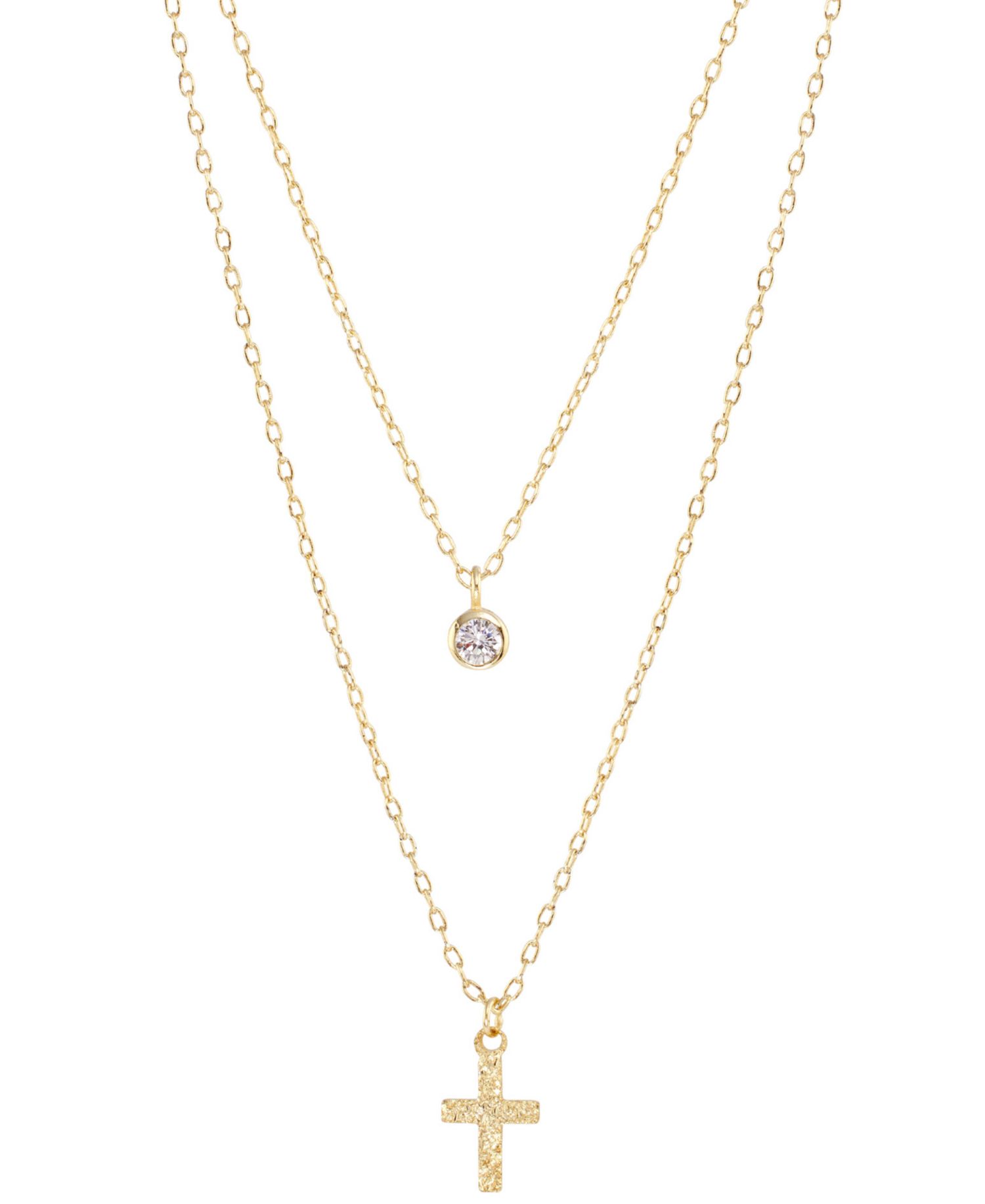 Round Cubic Zirconia & Cross Two Row Pendant Necklace, 18" + 2" extender