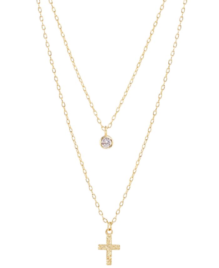 Round Cubic Zirconia & Cross Two Row Pendant Necklace, 18" + 2" extender