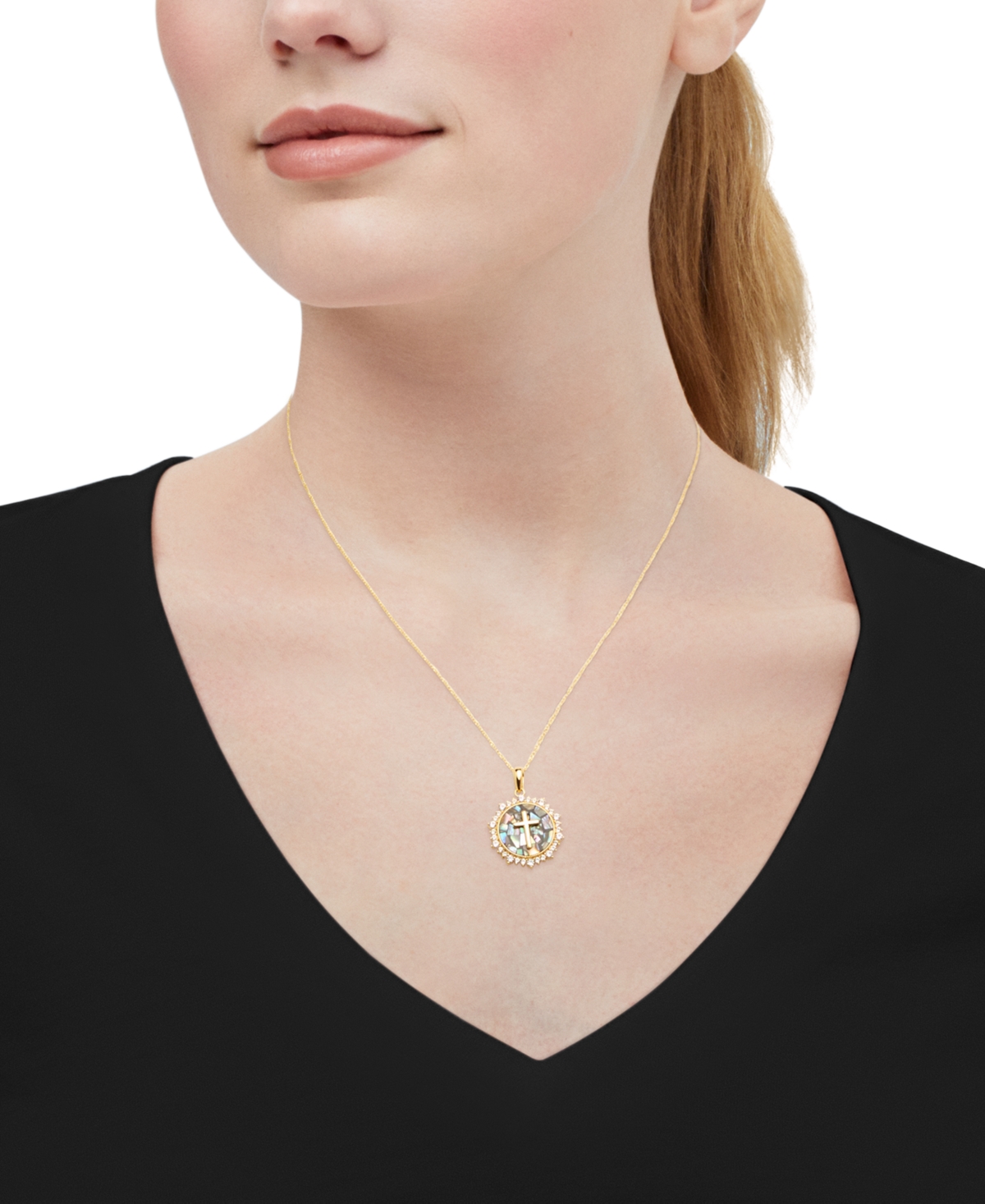 Round Mosaic & Created White Sapphire Pendant Necklace (1/2 ct. t.w.) in 14k Gold-Plated Sterling Silver, 18" + 2" extender