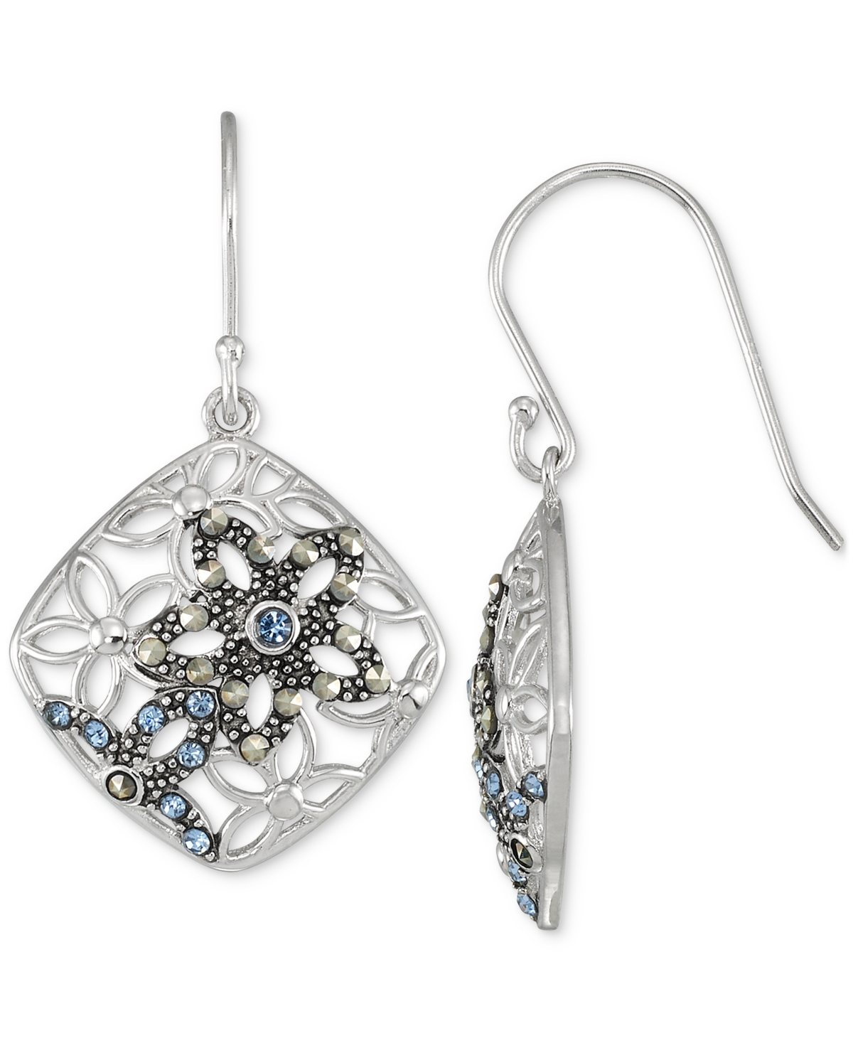 Macy's Marcasite & Crystal Flower Filigree Drop Earrings In Sterling Silver In Marcasite