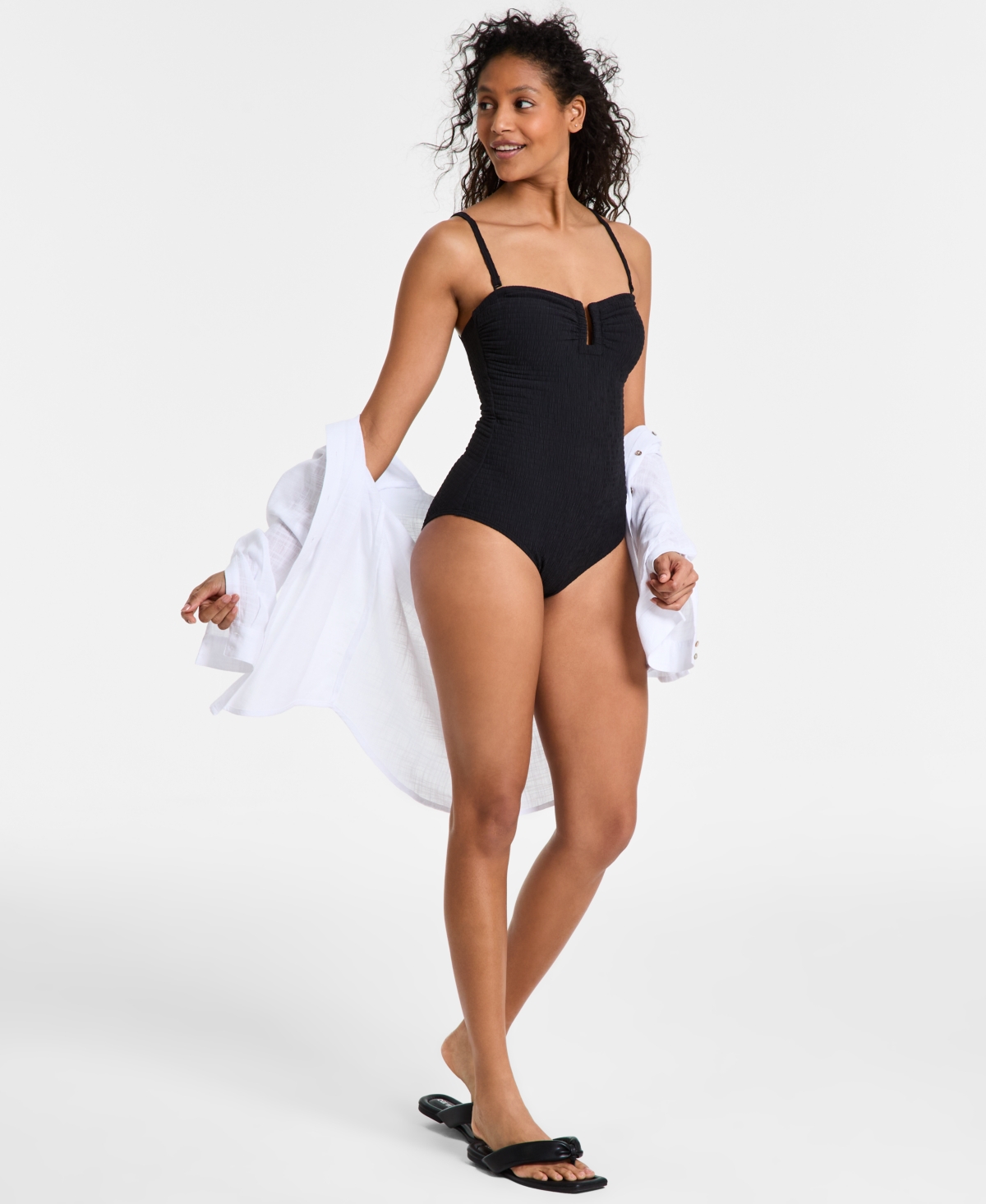 Dkny Women's Textured Shirred One-piece Swimsuit In Black Texture