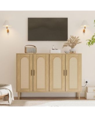 Rattan Sideboard Buffet Cabinet, 4 Doors Accent Storage Cabinet