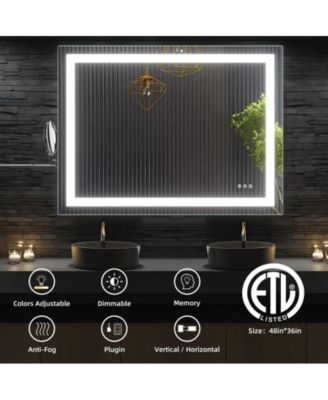 LED Bathroom Mirror 48x36 inch with Front and Backlight, Stepless Dimmable Wall Mirrors with Anti-Fog, Shatter-Proof, Memory, 3 Colors, Double LED Vanity Mirror