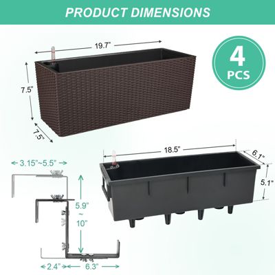 4-Pack Rectangle Self-Watering Planter Boxes for Deck Rail and Porch