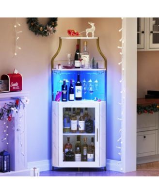 Corner Bar Cabinet with LED Lights, Industrial Liquor Cabinet with Adjustable Shelf, 5-Tier Industrial Wine Cabinet with Glass Holder, Home Bar Cabinet, Coffee Bar Cabinet