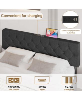 Upholstered Platform Bed Frame with USB Ports - Adjustable Headboard, Strong Frame, Wooden Slats Support - Linen Fabric Wrap, No Box Spring Needed - Easy Assembly