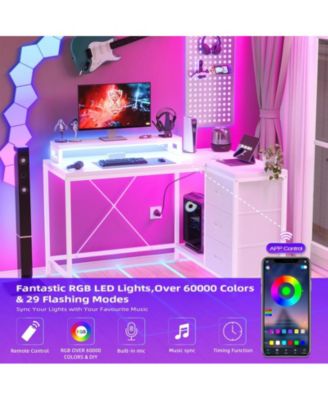 L Shaped Desk with Power Outlets & LED Lights, Computer Desk with Drawers & Shelves, Corner Desk Gaming Desk Home Office Desk