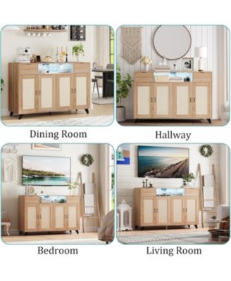 Sideboard Buffet Cabinet, 4 Rattan Doors 2 Drawers Accent Storage Cabinet