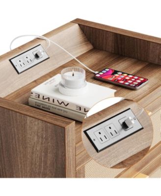 Night Stand Set of 2, Modern Nightstand with Type-C Charging Station, Bedside Tables with 2 PE Rattan Drawers, Rattan Nightstands for Bedroom Living Room