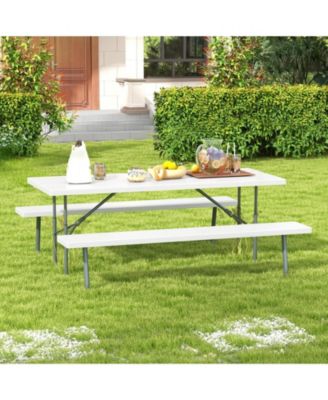 Folding Picnic Table Set with Metal Frame and All-Weather HDPE Tabletop, Umbrella Hole