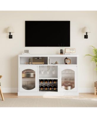 Modern Coffee Cabinet with Led Lights, White Bar Cabinet with 2 Glass Doors, Coffee Bar Cabinet with Adjustable Shelves, Wine Cabinet with Wine Racks for Kitchen, Dining Room, Living Room