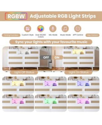 1Pc Natural Rattan & Particle Board 6-Drawer, RGB LED Light & Charging Station Storage Cabinet