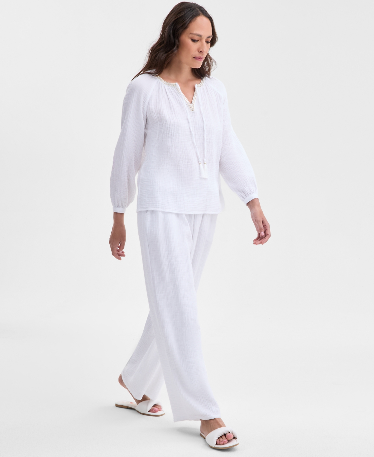 Shop Jm Collection Women's Cotton Gauze Split-neck Beaded Top, Exclusively At Macy's In Bright White