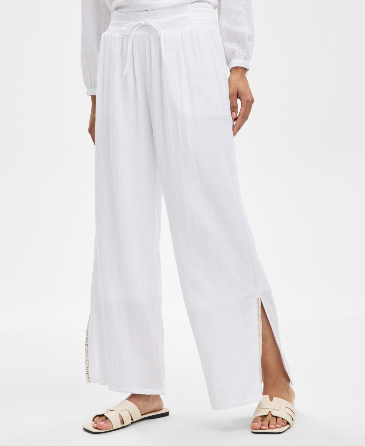 JM COLLECTION WOMEN'S COTTON GAUZE EMBELLISHED SLIT PANTS, EXCLUSIVELY AT MACY'S 